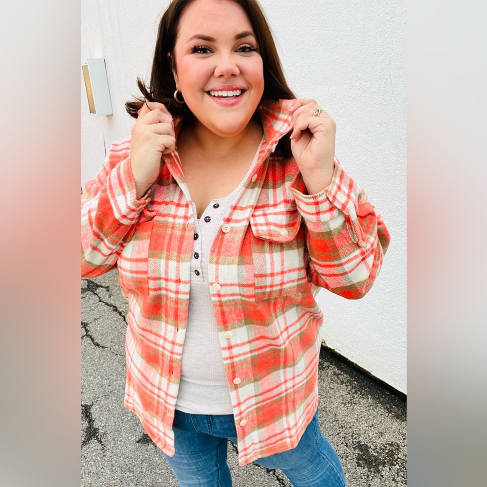 Coral Plaid Button Up Shacket, Pockets, Shirt Jacket, Andree By Unit, NWT, Small